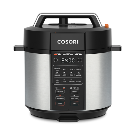 Cosori 6.0-Quart Pressure Cooker featuring a stainless steel exterior and 9-in-1 digital control panel.